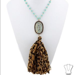 Turquoise Leopard Fabric Tassel Necklace